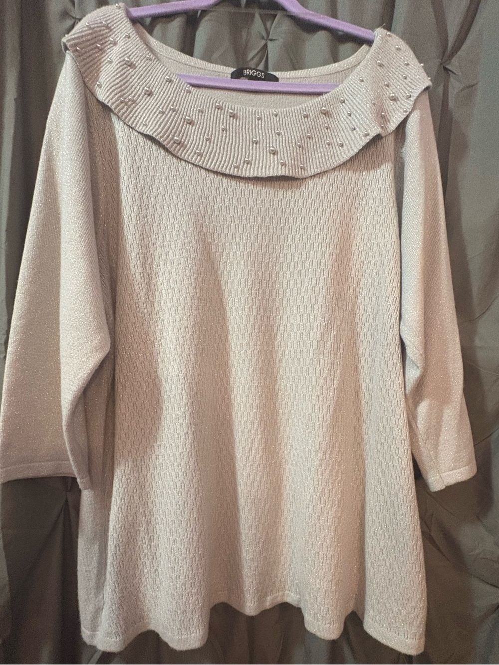 Briggs New York Pearl-Embellished Off-the-Shoulder Light Grey Sweater